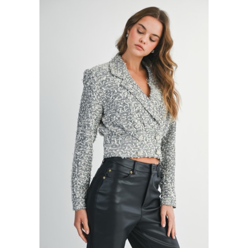 1074 • Black/White Confetti Tweed Crop Blazer Jacket w/Pearl Rhinestone Buttons - Picture 6 of 11